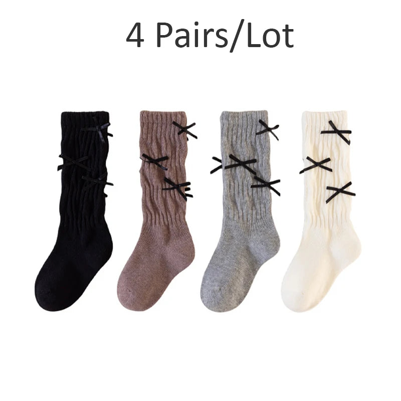 4 Pairs Long Girl Socks New School Style Student Socks For Girls Children'S Socks Solid Color Kids Stocking For Girls