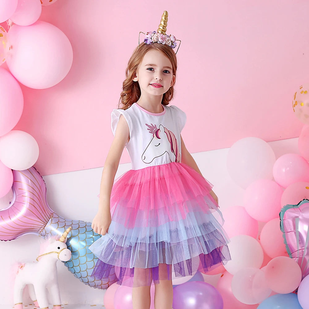 VIKITA Girls Tutu Dress Toddlers Summer Flare Sleeve Princess Dresses Girl Unicorn Cartoon Party Layered Dress Children Clothing