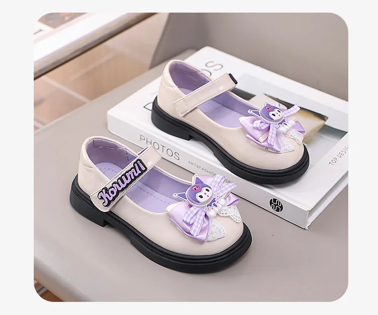 Kids'Sandals Kuromi PU Leather Bow Flat Spring Shoes For Girls Anti-slip Soft Thick Bottom White Black Shoes Size 26-36