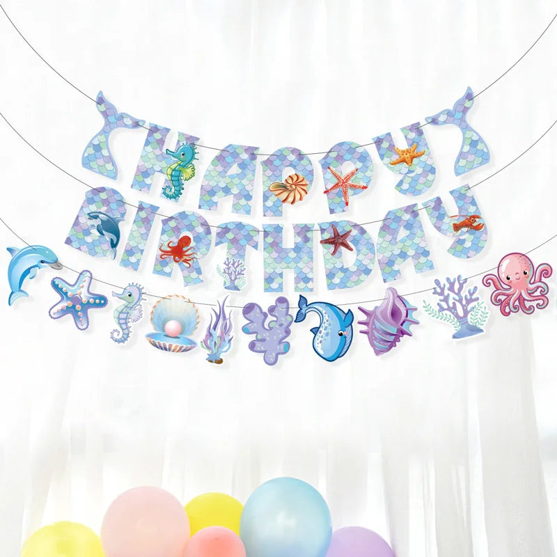Mermaid Happy Birthday Party Decoration Banner Bunting Hanging Paper Swirls Kit for Kids Girls Under the Sea Theme Accessories