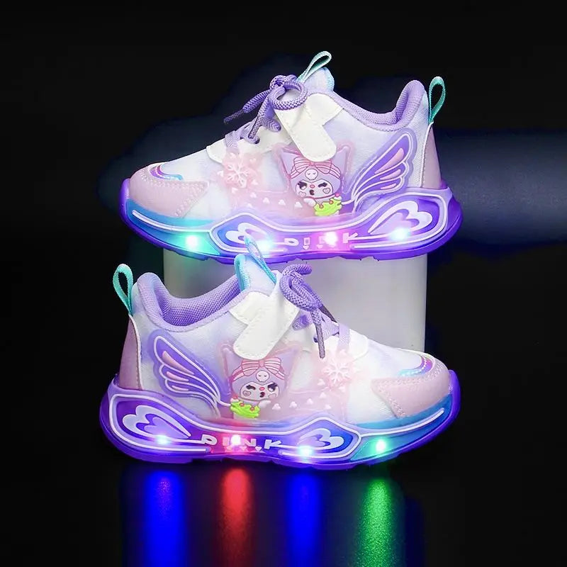 Disney LED Casual Sneakers Spring Girls Frozen Elsa Princess PU Leather Shoes Children Lighted Non-slip Pink Size 23-35
