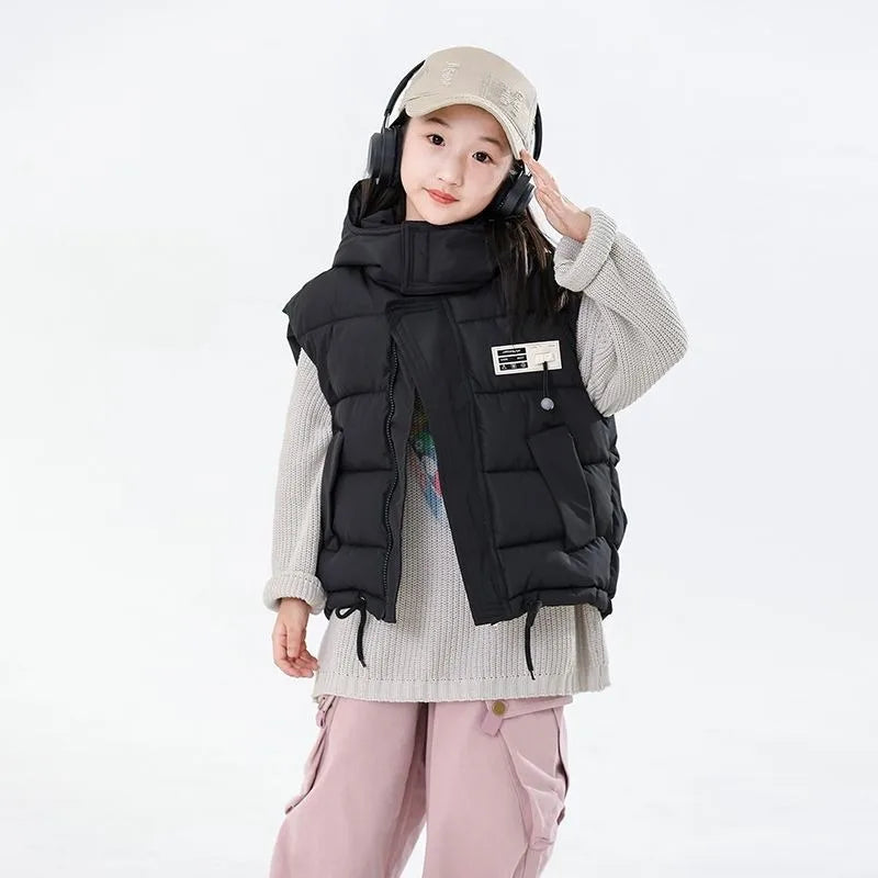 2025 Kids Puffy Windproof Quilted Sleeveless Jacket Korean Style Oversized Cargo Vest for Toddler Boys Thermal Insulated Outdoor