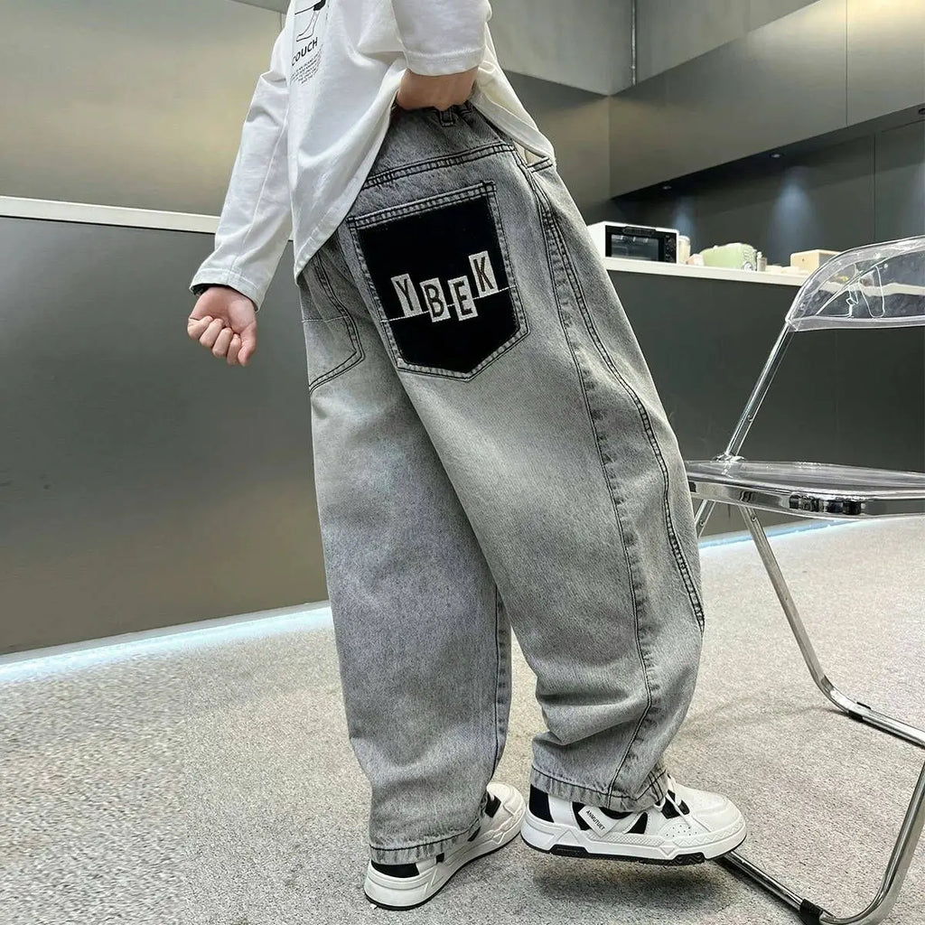 Light Grey Boys' Denim Pants Spring Autumn Casual Relaxed Fit Medium To Large Kids Jeans