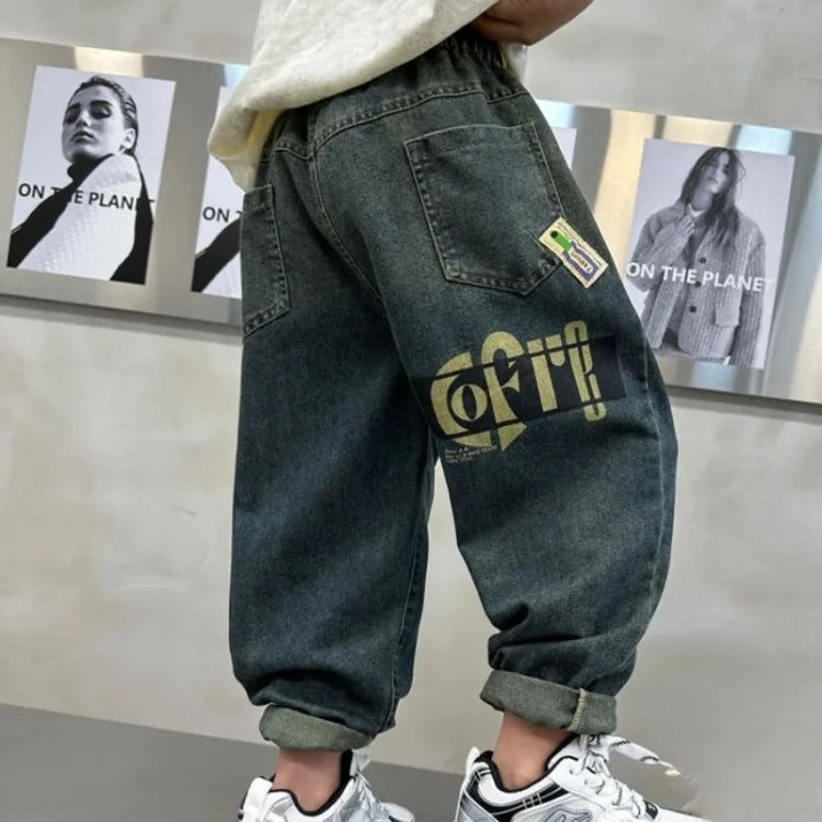 Kids Boys Thickened Winter Jeans Loose Fleece-Lined Long Pants Casual Stylish Warmth