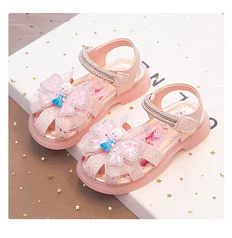 Kids'Sandalsl Led Light Elsa Princess Frozen PU Leather Sequin Pearl Summer Shoes Anti-slip Breathable Pink Blue Size 22-32