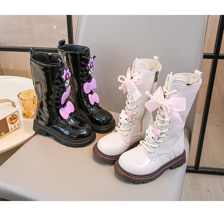 Kids'Casual Shoes Long Boots PU Leather Cartoon Kuromi Winter Shoes For Girls Anti-slip Warm Black Beige Shoes Size 26-37