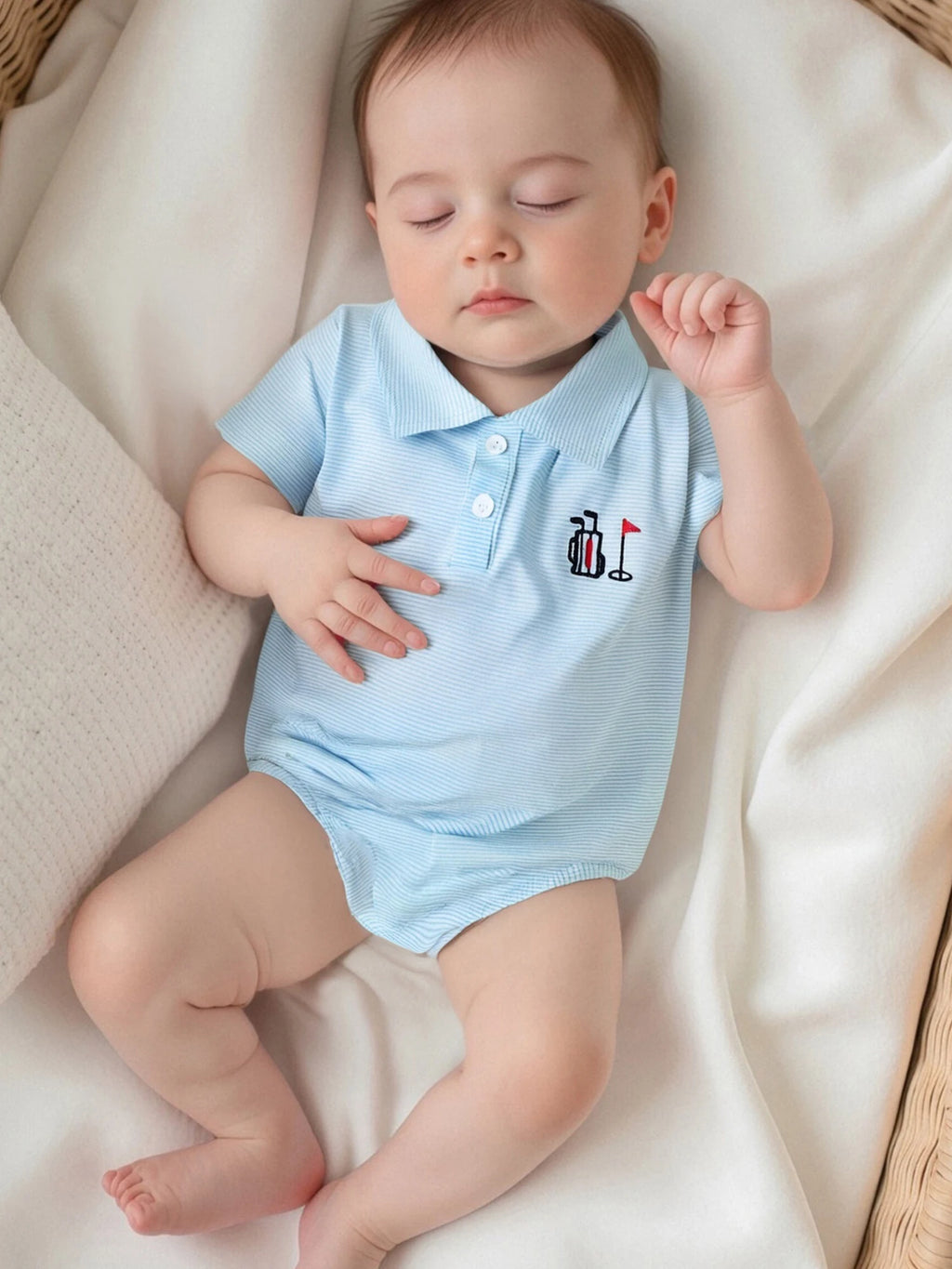 Infant Boy Jumpsuit Stylish Short Sleeve Striped Romper with Turn-down Collar and Embroidery Detail for Everyday Wear