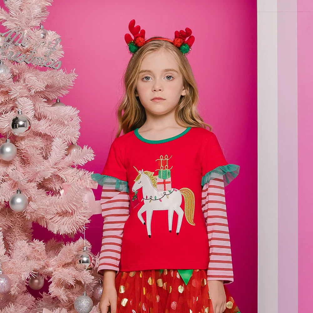 Girls Xmas Christmas New Year Christmas T Shirt Kids Licorne Cartoon Striped Cotton Tops and Tees Kids Party Casual Tees Giff