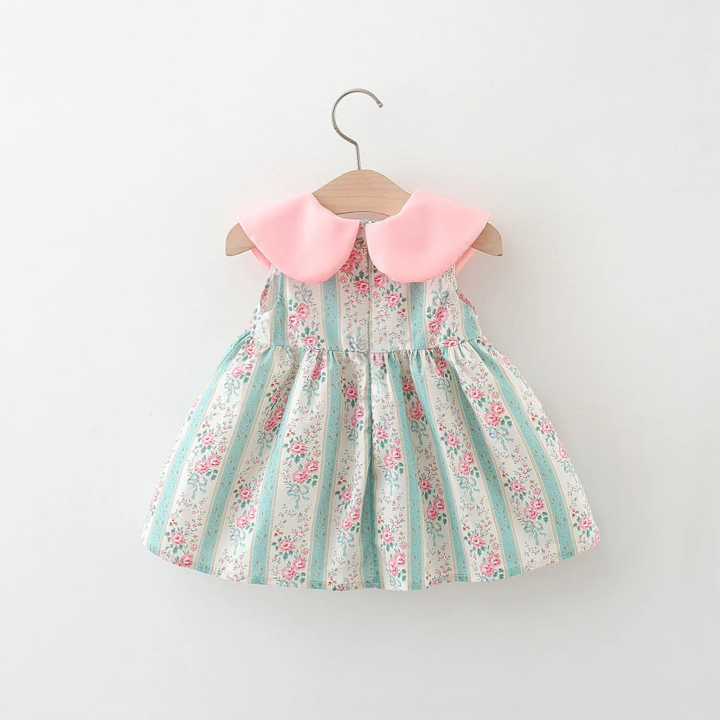 Summer New Pink Doll Neck Baby Girl Dress, Sweet Floral Children'S Sleeveless Clothes+Love Bag (9 Months -3 Years Old)