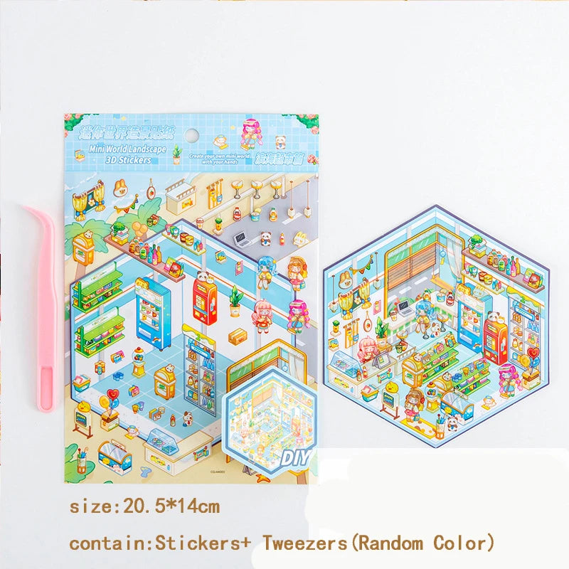 DIY 3D Sticker+Tweezers Cartoon Pocket Princess Room Scene Stacking and Pasting Festival Birthday Gift for Kid Child Student