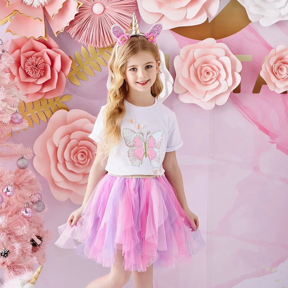 Girls Tutu Sequins Skirts Kids Clothes Bow Layered Skirts Princess Pleated Skirt Kids Mesh Skirt Girls Children Party Clothes