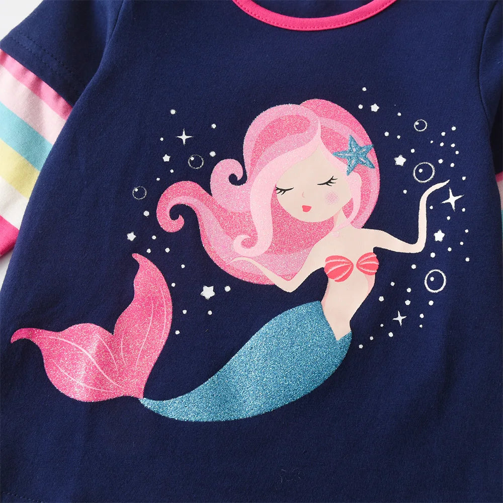 VIKITA Girls Long Sleeve Cotton Casual Tops and Tees Toddlers Mermaid Cartoon Print Navy Blue Spring Autumn Daily Cute Clothes