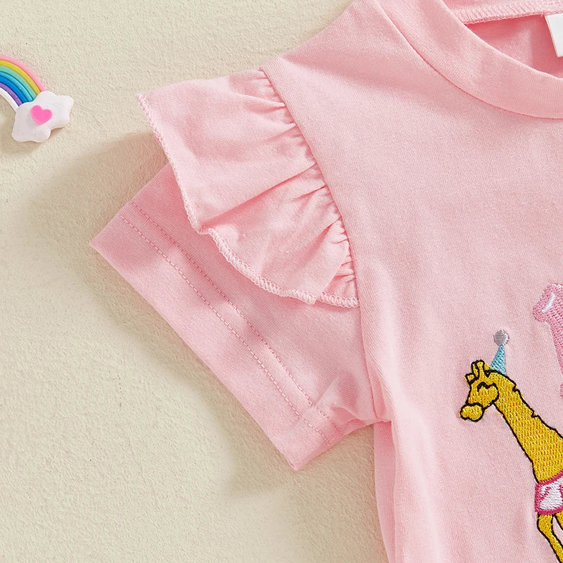 Toddler Girl Cute Unicorn Printed Short Sleeve T-Shirt and Denim Shorts 2-Piece Summer Outfit Set for 1st Birthday Party