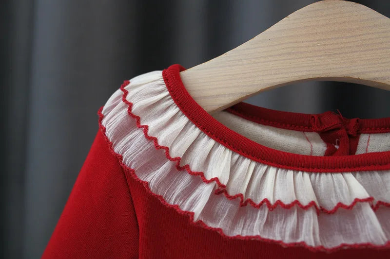 Autumn And Winter New Red Christmas Party Baby Girl Princess Dress, Sweet Bow Thickened Children'S Long Sleeved Clothes