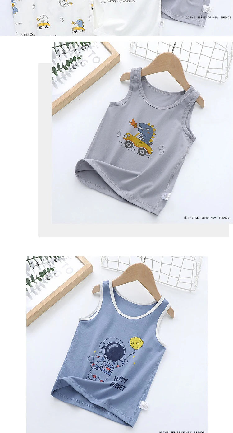 2025 Summer Kids Tanks Top Children's Vest Baby Underwear Clothing Cartoon Printed Top Cotton T-shirt Boys Sleeveless Tank 0-8 Y