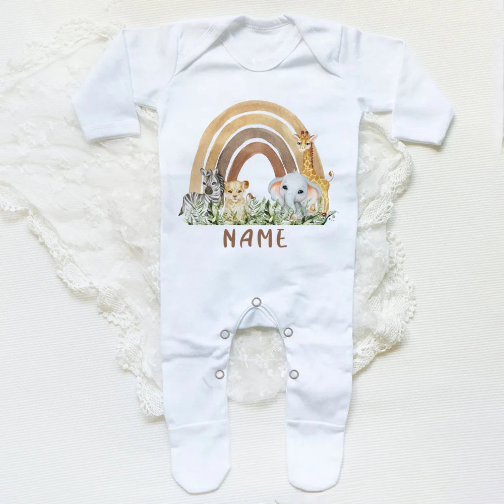 Personalised Forest Animal Rainbow Babygrow Sleepsuit Custom Name Infant Sleepsuit Baby Coming Home Outfit Newbron Shower Gift
