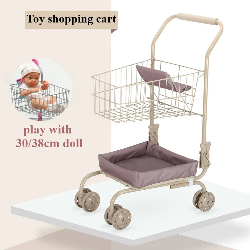 Girls Toy Shopping Cart with Sturdy Metal Frame Foldable Doll Trolley with Storage Basket Pretend Play Gifts for Kids Toddler