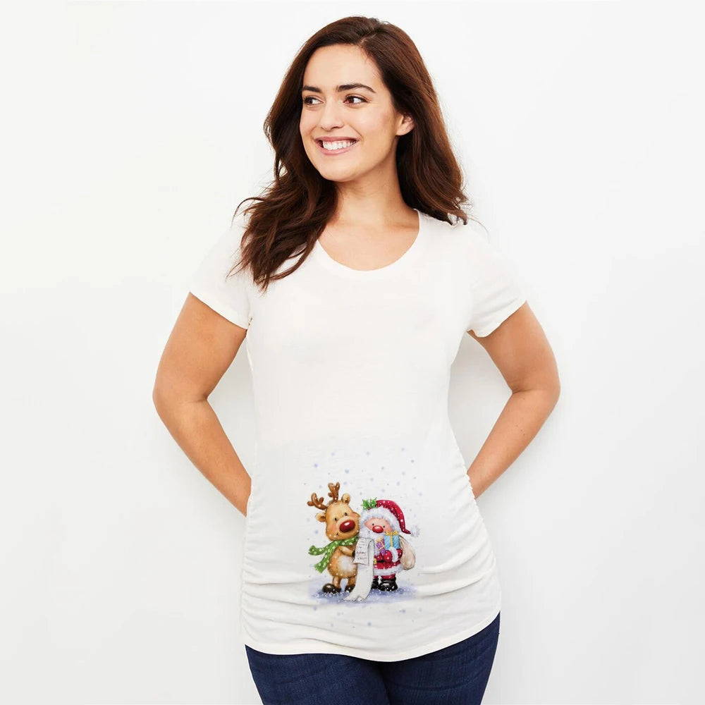 Merry Christmas Cartoon Print Maternity T-shirt Xmas Casual Pregnant Women Reindeer Graphic T Shirt Pregnancy Announcement Tees