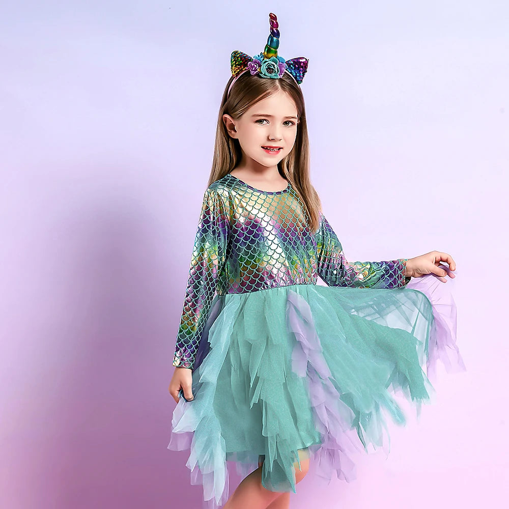 VIKITA Toddlers Girls Mermaid Print Dress Kids Colorful Gradient Layered Mesh Tulle Elegant Birthday Party Princess Tutu Dresse
