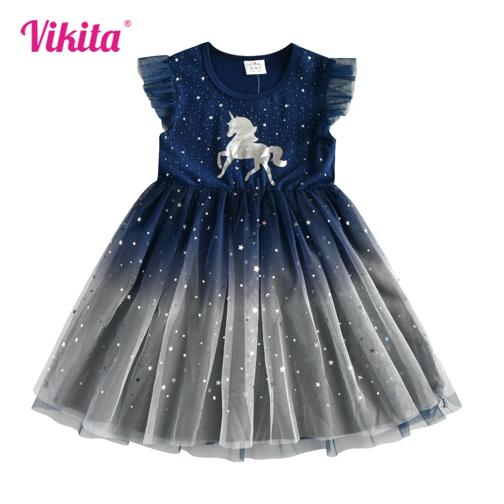 VIKITA Girls Flare Sleeve Summer Dress Kids Unicorn Print Birthday Party Mesh Tulle Princess Elegant Dresses Girl Gradient Dress