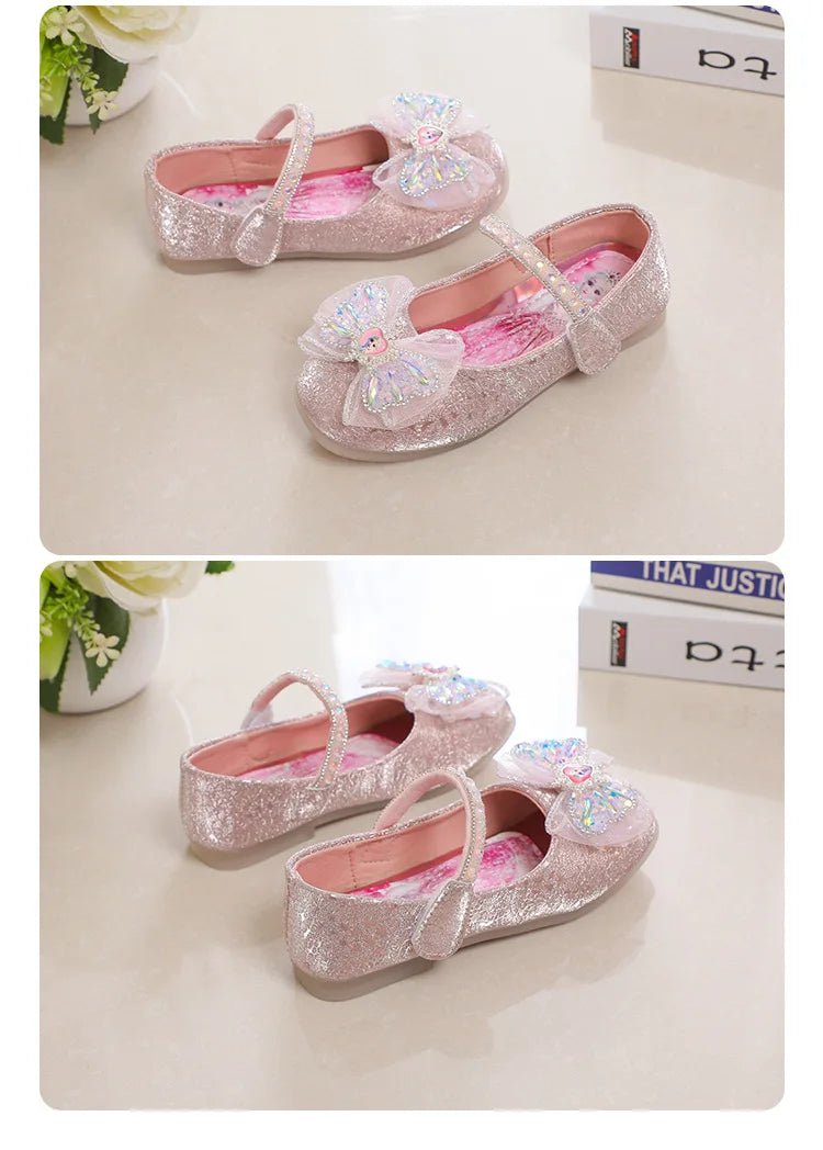 Kids'Casual Shoes Elsa Princess Frozen PU Leather Crystal Bow Spring Shoes For Girls Anti-slip Pink Blue Shoes Size 26-36