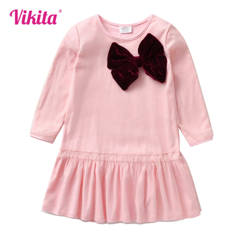 VIKITA Children Cotton Casual Dresses Kids Pink Ruffles Dress Girls Autumn Spring Long Sleeve Straight Dress with Bowknot 3-8 Y