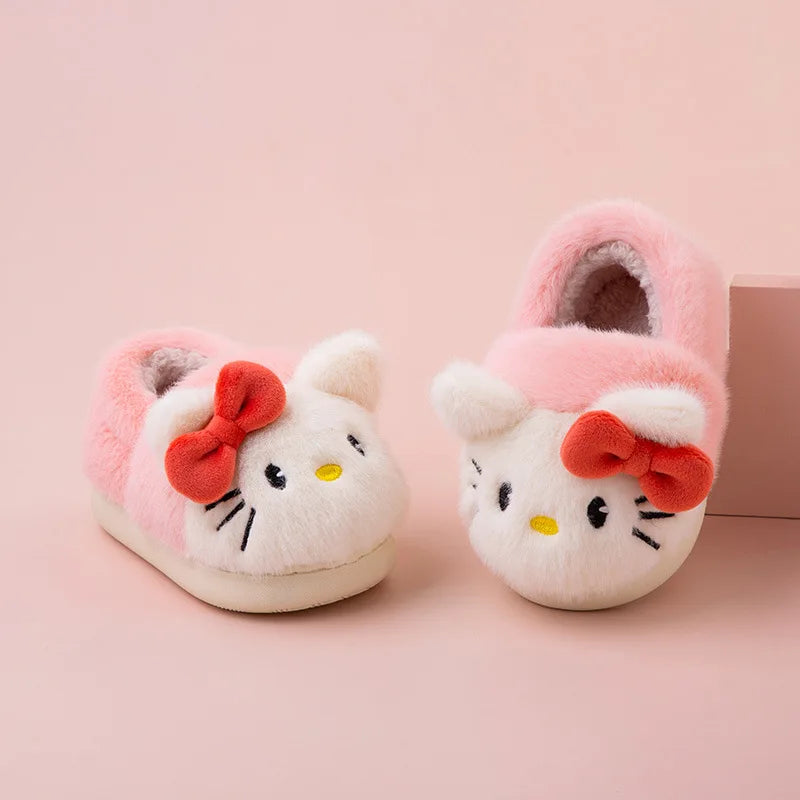 Kids'Slippers House Shoes Cartoon Hello Kitty Winter Shoes For Children Warm Cotton Fur Anti-slip White Pink Shoes Size13cm-18cm