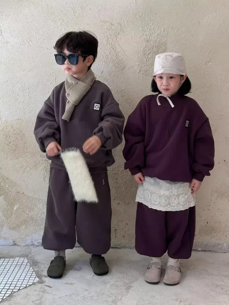 Fleece-Lined Sweatshirt Set 2025 New Children's Clothing Outdoor Clothes Boys Boys' Sets Korean Boy Outfit Top Bottom Kids Boy's