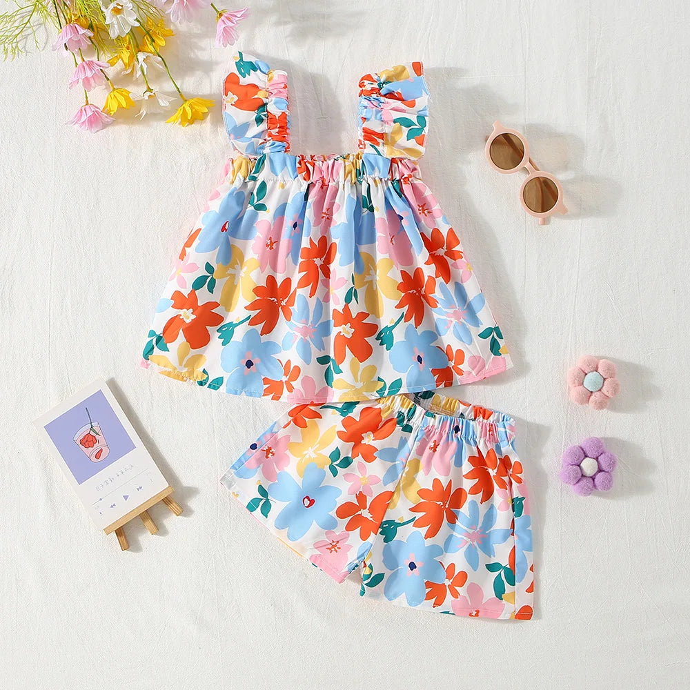 3 Months To 2 Years Old Summer New Beach Party Baby Girl Two-Piece Set, Colorful Floral Children'S Clothes
