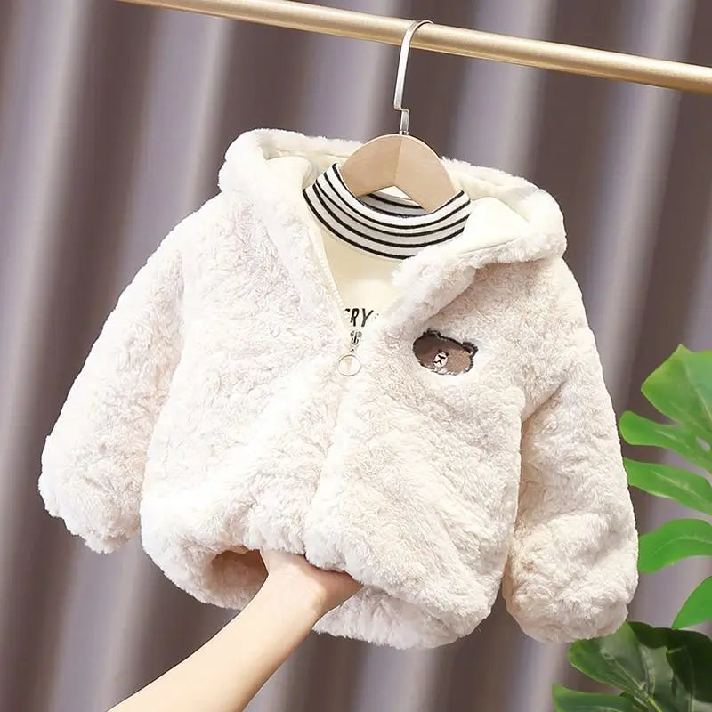 Winter Baby Girls Boys Cartoon Bear Warm Jacket Hooded Outerwear Children Thick Fleece Coat Cashmere Padded Jackets for Kids