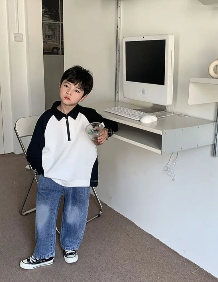 Boys' 2025 Spring/Autumn New Arrival Cotton Punk-Style Street-Savvy Trendy Polo Collar Sweatshirt - Stylish Baby Boys' Top