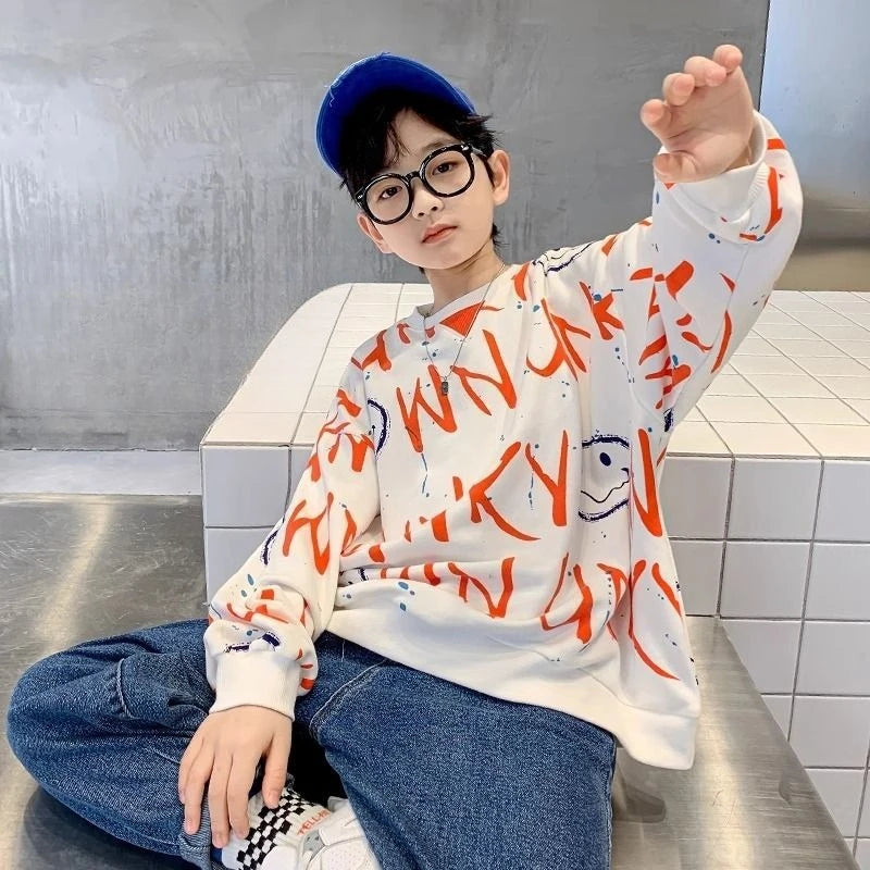 Boys' Medium-Large 2025 New Spring/Autumn No Hood Sassy Street-Style Long Sleeve Layering Top Sweatshirt