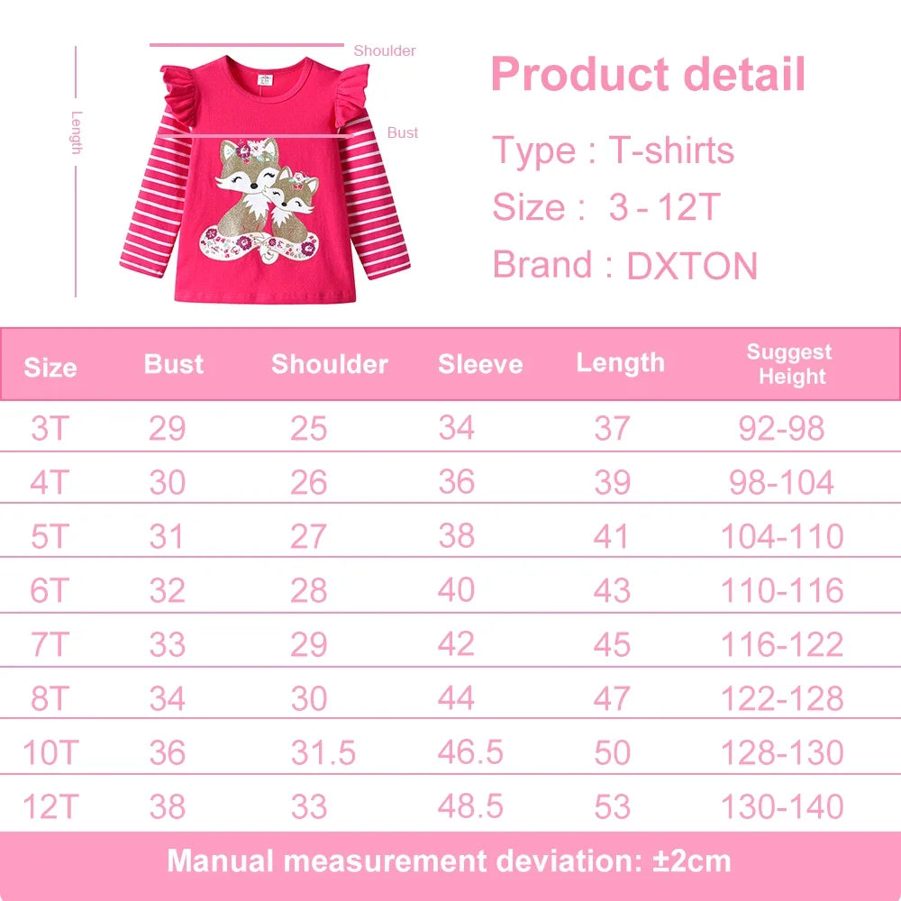 DXTON Toddlers Girls T-shirts Striped Ruffled Long Sleeve Kids Cartoon Tops Squirrel Print Casual Winter Girls Cotton Clothing