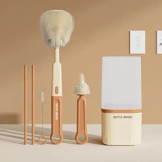 Baby Silicone Bottle Brush Set with Stand Baby Cleaning Brush Travel Size Drain Rack Long Handle 3 in 1 Multipurpose