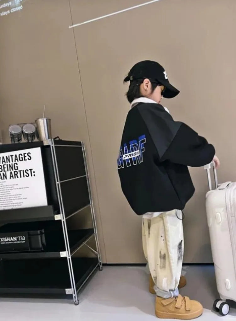 2025 Spring/Autumn Boys' Hip-Hop Long Pants, Kids' Size 12-14 Versatile Graffiti Casual Streetwear Trousers