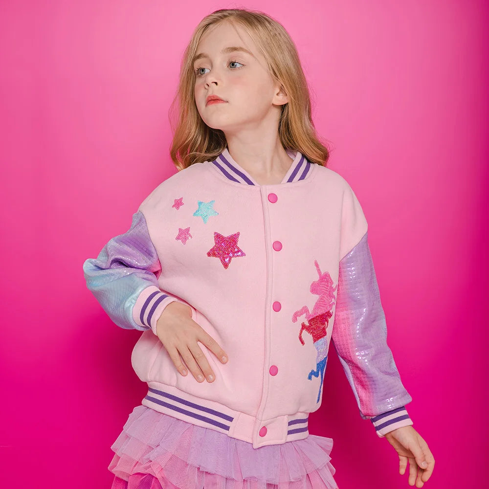 VIKITA Girls Baseball Jacket Teenagers Sports Casual Outerwear Autumn Winter Unicorn Star Sequins Appliqued Thick Warm Jackets