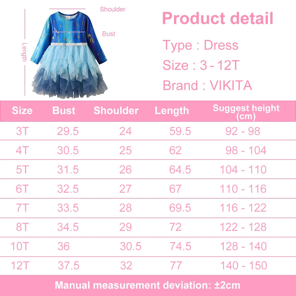 VIKITA Girls Blue Performance Prom Gown Party Princess Dress Kids Long Sleeve Autumn Winter Spring Layered Cake Tutu Dresses