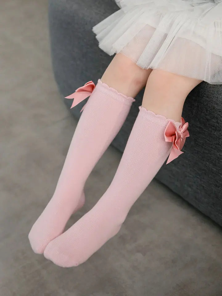 1 Pair Spanish Style Girls Socks Solid Color Big Bow 100% Cotton Baby Children Toddlers Long Socks Princess Knee High Socks