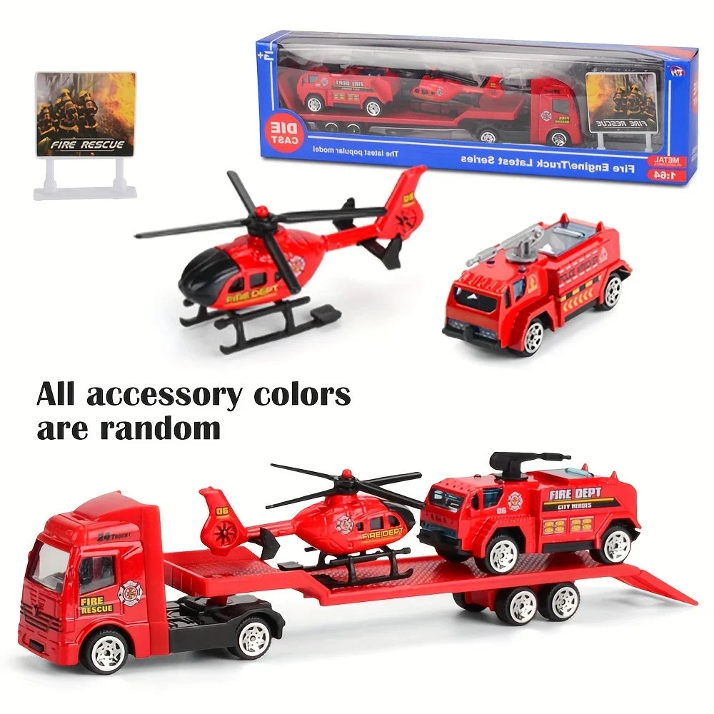 Friction Powered Carrier Truck Toy Push and Go Construction Car Toy Alloy Tow Trailer Trucks Set Gift for Toddlers Boys Girls