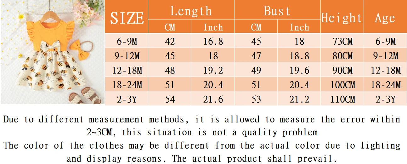 Summer New Yellow Little Fly Sleeve Baby Girl Dress, Cartoon Bee Print Children'S Sleeveless Clothes+Bow Headband (0-3 Years)