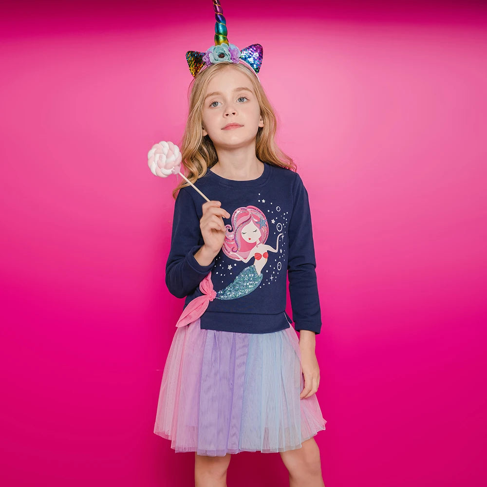 VIKITA Girls Sweater Dress Children Cotton Casual Patchwork Dress Kids Mermaid Appliqued Princess Cartoon Party Fashion Dresses