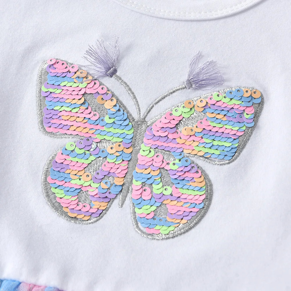 VIKITA Toddlers Colorful Butterfly Sequined Appliqued Summer Flare Sleeve Dress Kids Gradient Glitter Fashion Elegant Dresses 6Y