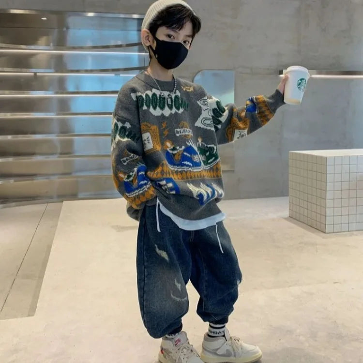 2025 New Boys' Autumn/Winter Fleece-Lined Thickened Pullover Knit Sweater - Warm Base Layer for Kids, Trendy & Cozy Design