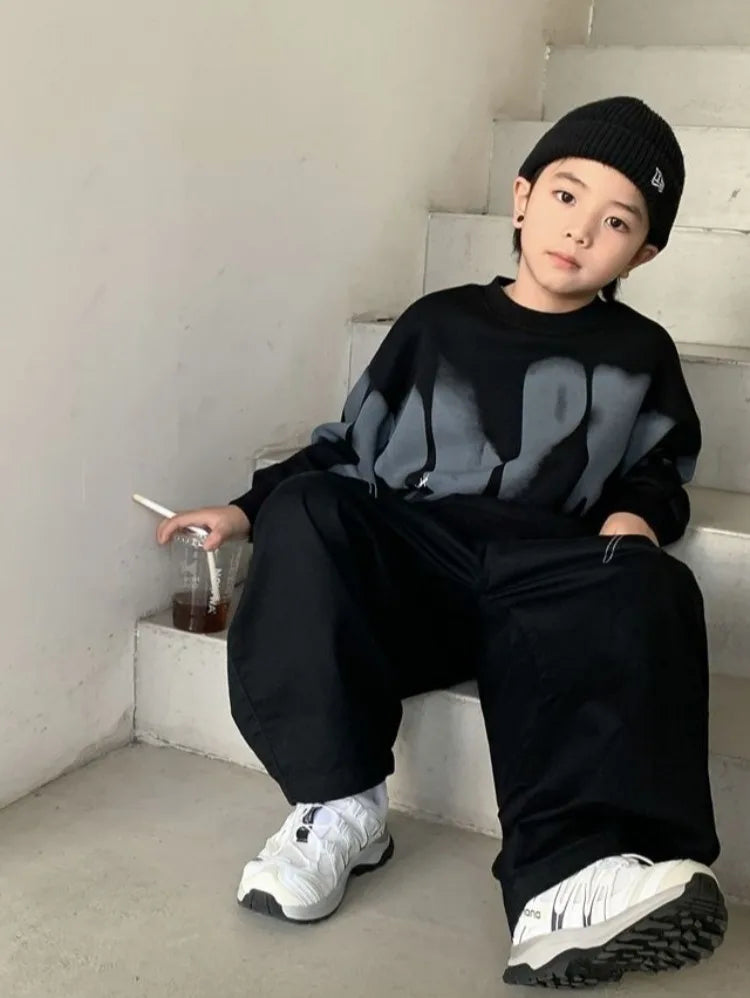 Boys' Medium To Large 2025 New Arrival No Hood Crewneck Spring/Autumn Trendy Street Style Kids Sweatshirt