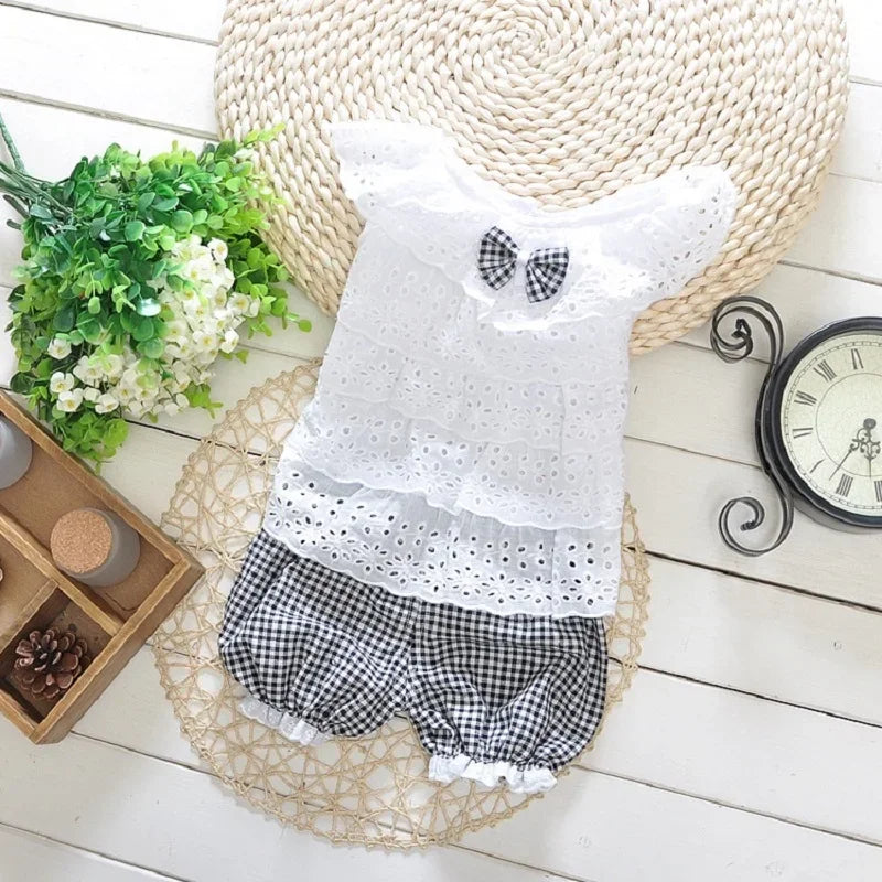 Summer 2/piece Set for Girls Top and Pants Baby Girl Lace Sleeveless Top Plaid Shorts Children's Clothing Set