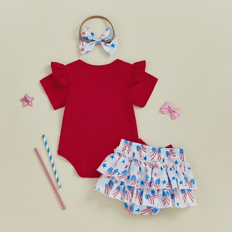 American Flag Print Sleeveless Romper Striped Ruffled Shorts Bow Headband Set for Baby Girl s Independence Day Outfit