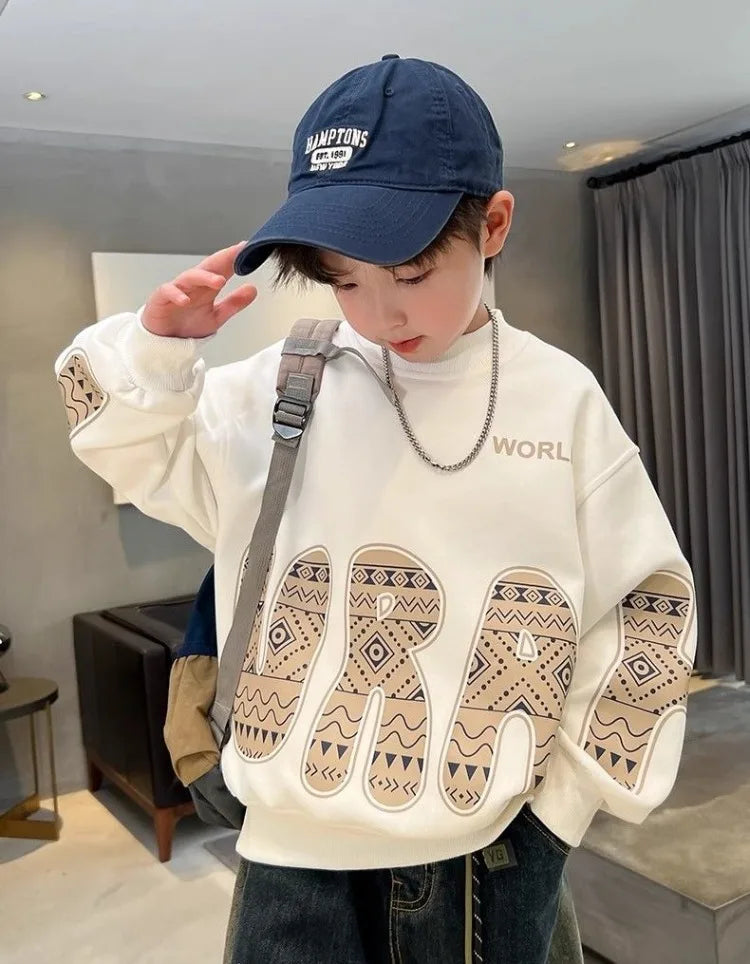 Boys' Medium-Large 2025 New Spring/Autumn Trendy No Hood Layering Top Sweatshirt