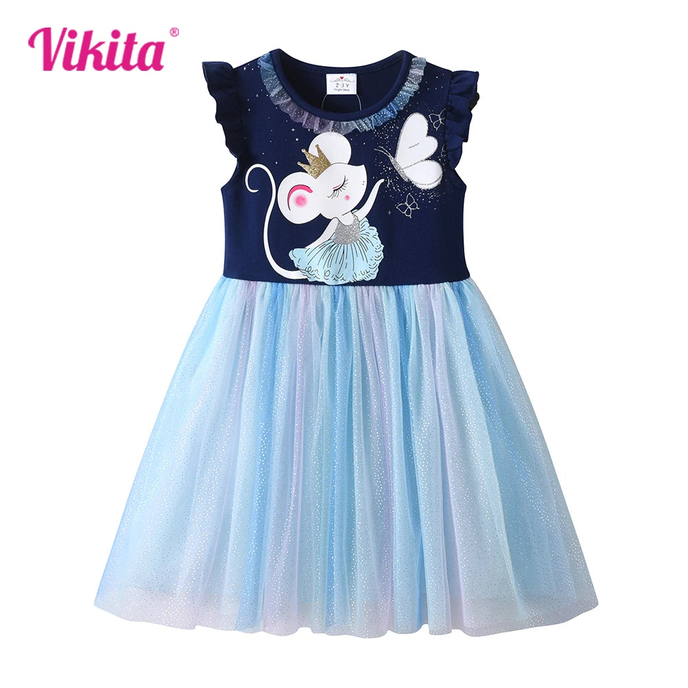 VIKITA Kids Patchwork Dress Cartoon Print Mesh Dress Girls Sparkly Glittery Summer Sleeveless Princess Birthday Party Prom Gown