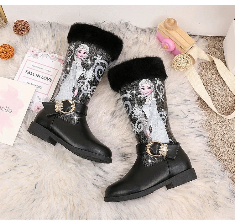 Disney Girls' Leather Boots Winter Cartoon Frozen Boots Zipper High Plush Princess Elsa Boots Warm Children's Boots Size 25-36
