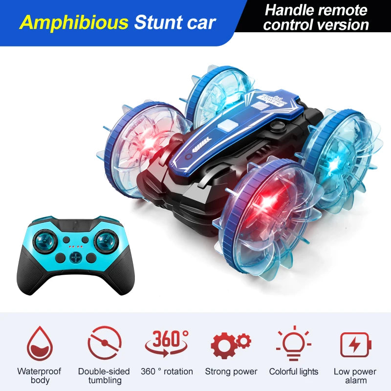 New LED Amphibious RC car Dual remote control waterproof stunt car double side flip drift drive 360 ° rotation rc cars Kids toy
